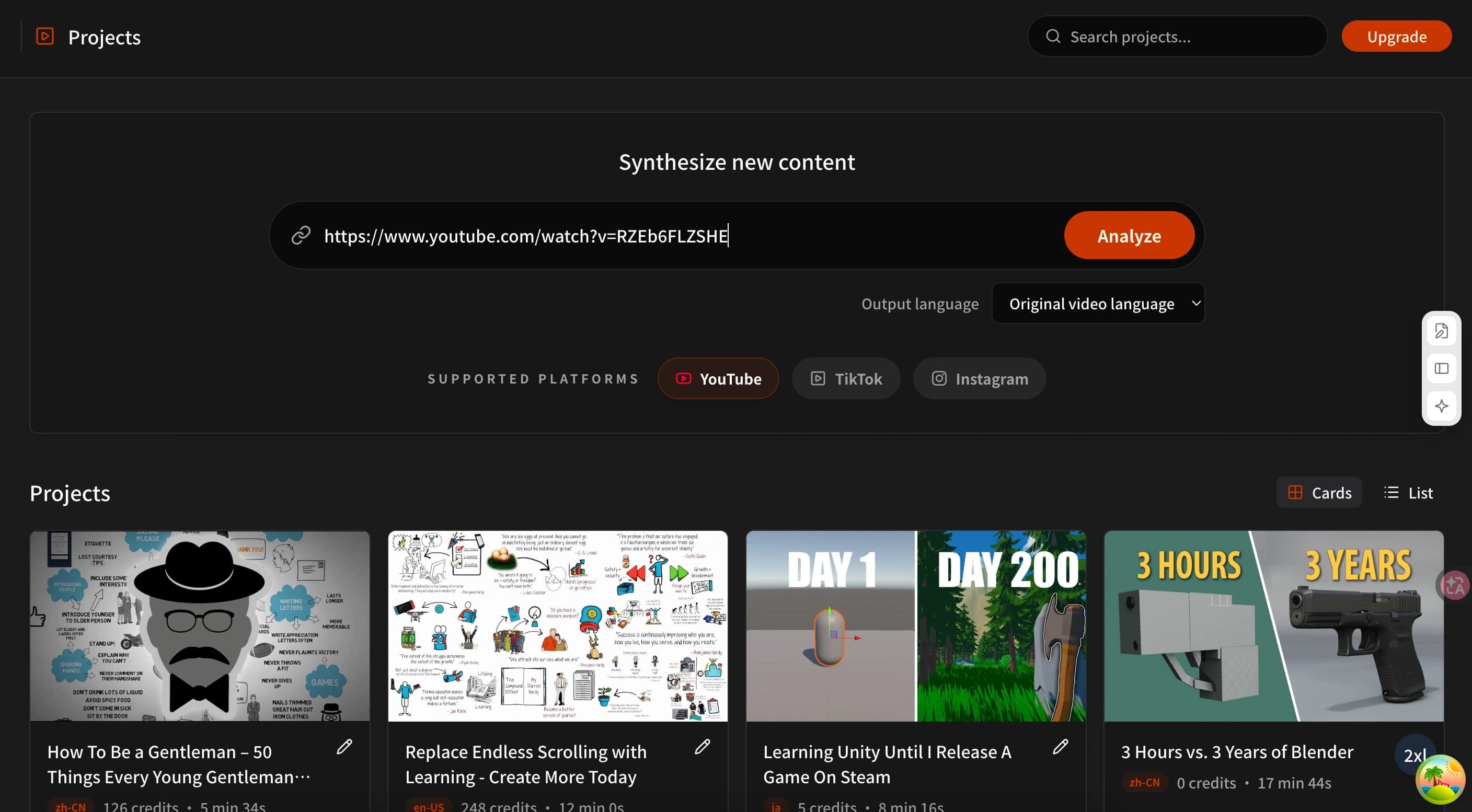 Paste a YouTube video URL into TubeTutor’s analysis input