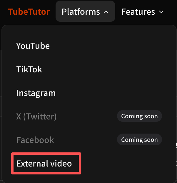 AI video summarizer upload option in the TubeTutor Platforms menu